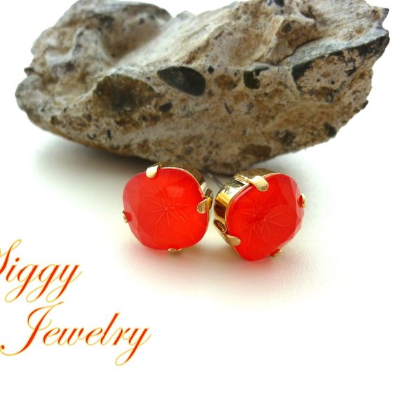 Electric Red Cushion Cut Solitaire Stud Earrings made with 12mm Premium Crystals - Picture 4 of 5